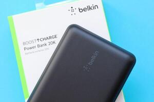 KYIV, UKRAINE - MAY 4, 2022 Portable Powerbank battery with logo of Belkin International photo