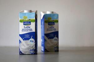 KYIV, UKRAINE - 4 MAY, 2023 Pascoli Italiani packages of latte tetra pack milk photo