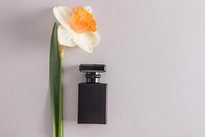 Elegant black matte bottle with floral fragrance on light background. Blank mockup of a bottle. Product Presentation. Copy Space. photo