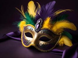 AI generated a mardi gras mask with feathers and gold accents photo
