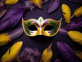 ai generado un mardi gras máscara rodeado por púrpura y amarillo plumas foto