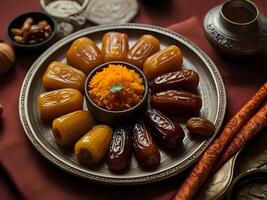 ai generado un plato con fechas y otro comida artículos foto