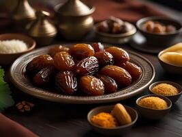 AI generated arabic dates with spices and spices on a wooden table photo