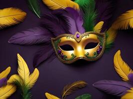 AI generated mardi gras mask with purple feathers and gold accents photo