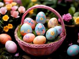 AI generated easter eggs in basket with flowers in spring time photo