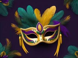 AI generated mardi gras mask with feathers on purple background photo