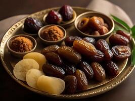 ai generado un plato con fechas, nueces y especias foto