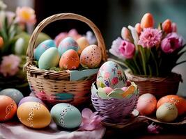 AI generated easter eggs in basket with flowers in spring time photo