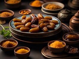 AI generated a variety of dates and spices are arranged in bowls photo