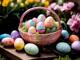 AI generated easter eggs in basket with flowers in spring time photo