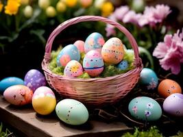 AI generated easter eggs in basket with flowers in spring time photo