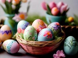 AI generated easter eggs in basket with flowers in spring time photo