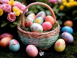 AI generated easter eggs in basket with flowers in spring time photo