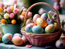 AI generated easter eggs in basket with flowers in spring time photo