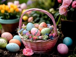 AI generated easter eggs in basket with flowers in spring time photo