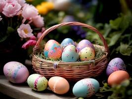 AI generated easter eggs in basket with flowers in spring time photo