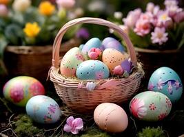 AI generated easter eggs in basket with flowers in spring time photo