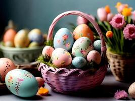 AI generated easter eggs in basket with flowers in spring time photo