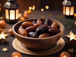 AI generated dates in a bowl on a table with candles and lanterns photo