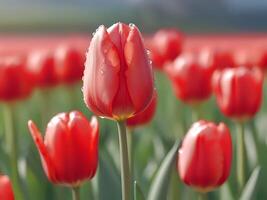 AI generated red tulips in a field with a blurry background photo