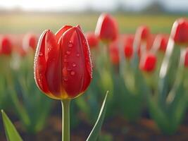 AI generated red tulip with water droplets on the petals photo