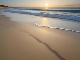 ai generado un playa con olas y arena a puesta de sol foto