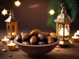 AI generated dates in a bowl with candles on a wooden table with christmas decorations photo