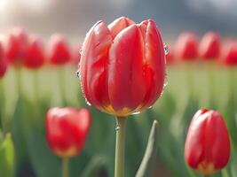 ai generado un rojo tulipán es en el medio de un campo foto