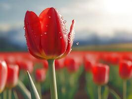 ai generado un rojo tulipán con agua gotas en eso en un campo foto