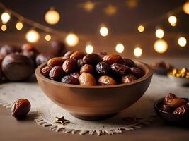 AI generated dates in a bowl on a table with light photo