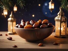 AI generated dates in a bowl with candles and lanterns on a wooden table photo