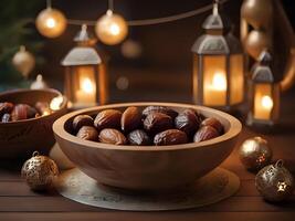AI generated dates in a bowl with candles and lanterns photo