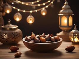 AI generated dates and lanterns on a table with lights photo