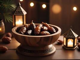 AI generated dates in a bowl with candles and lanterns photo