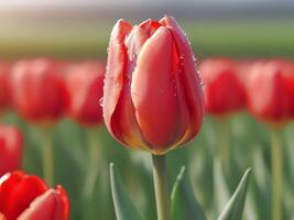 ai generado rojo tulipanes en un campo con agua gotas en ellos foto