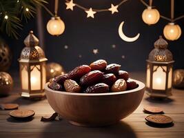 AI generated dates in a bowl with a crescent moon and lanterns on a wooden table photo