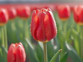 ai generado un rojo tulipán en un campo foto