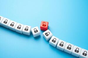 Opening a padlock breaks the chain. Using the correct key or combination. Overcoming barriers or limitations. Security breach. Failure to fulfill a promise. photo