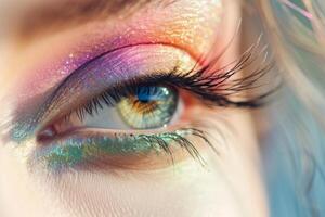 AI generated Closeup view of female eye with bright multicolored fashion makeup. Generative AI photo