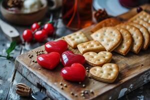 AI generated Board with heart shaped crackers and other snacks. Generative AI photo