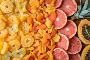 AI generated Dried fruits. Mango, pineapple, papaya and guava. Natural and healthy snack food. Generative AI photo