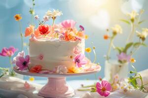 AI generated Beautiful cake decorated with flowers and green leaves. Generative AI photo