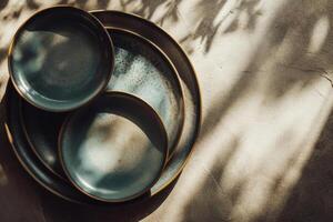 AI generated Top view of vintage ceramic plates. Generative AI photo