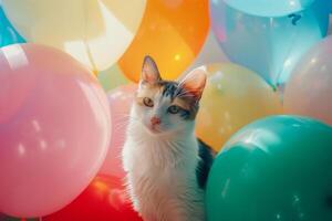 ai generado gato se sienta entre el festivo decoraciones gatito entre globos generativo ai foto