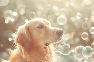 AI generated Dog with soap bubbles in summer outdoor. Generative AI photo