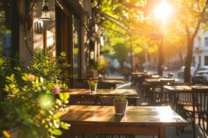 AI generated Outdoor empty restaurant terrace with tables and chairs. Cafe with tables outside. Generative AI photo