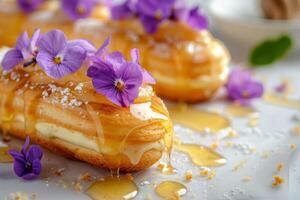 AI generated Eclairs drizzled with honey and garnished with candied violets. Generative AI photo