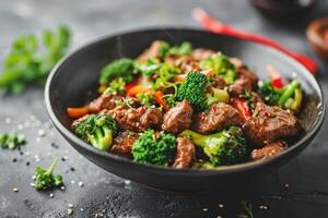 AI generated Beef and broccoli stir fry with soy sauce. Chinese cuisine. Generative AI photo