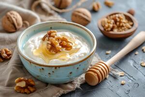 AI generated Greek yoghurt with honey and walnuts in a bowl. Healthy breakfast. Generative AI photo