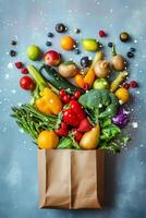 AI generated A craft bag with vegetables and fruits on a light background. Food delivery photo